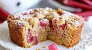 A close-up of a round rhubarb cake with a slice taken out, displaying the texture and rhubarb pieces, sprinkled with powdered sugar, with a piece of rhubarb on the plate.