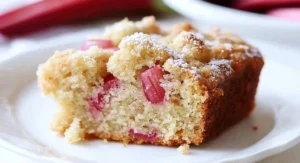 A slice of moist rhubarb cake dusted with powdered sugar sits on a white plate, showcasing the pink rhubarb pieces within the light-colored crumb.