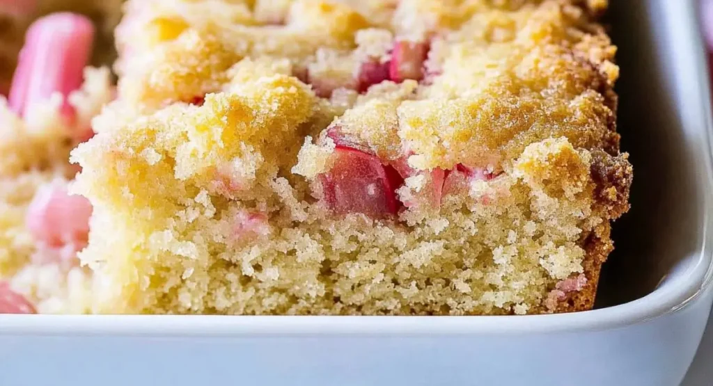  A close-up of a square slice of rhubarb cake with visible rhubarb pieces and a crumbly topping, sitting in a white baking dish.