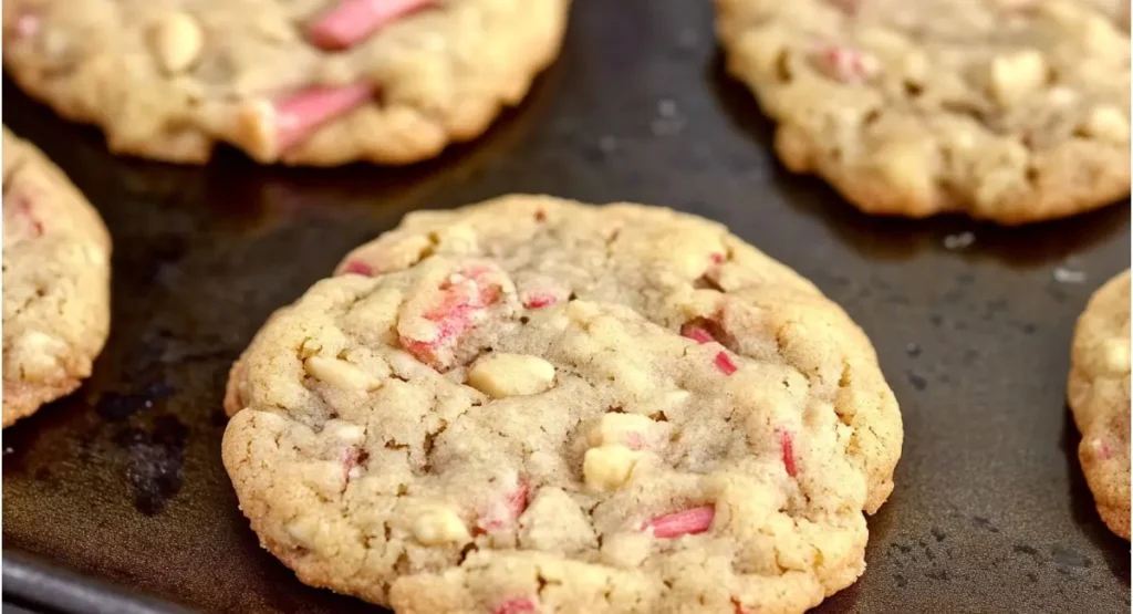 Close-up of several freshly baked rhubarb cookies recipe on a dark baking sheet.