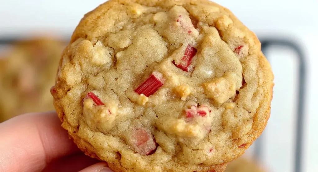 Close-up of a rhubarb cookies recipe held by a person, showing the texture and ingredients.