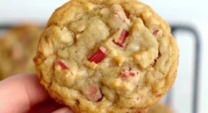 Close-up of a rhubarb cookies recipe held by a person, showing the texture and ingredients.
