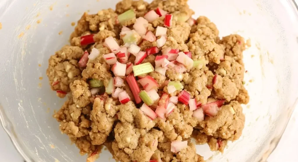 Cookie dough for a rhubarb cookies recipe in a glass bowl, with diced rhubarb on top.