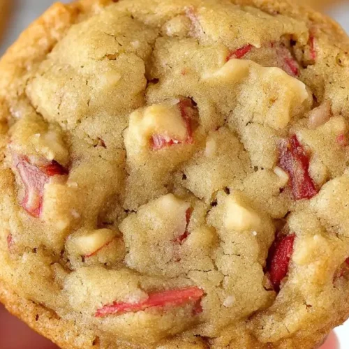 A single rhubarb cookies recipe being held in a hand against a blurred background.