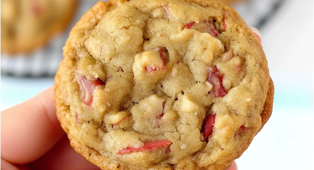 A single rhubarb cookies recipe being held in a hand against a blurred background.