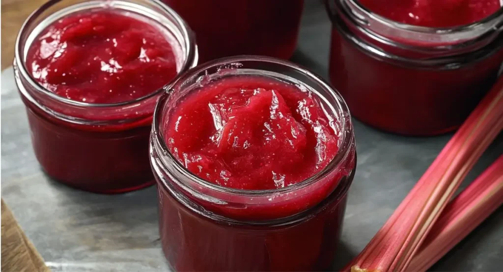Three clear glass jars filled with vibrant pink rhubarb jam are set on a dark, textured wooden surface, with rhubarb stalks visible on the left side.