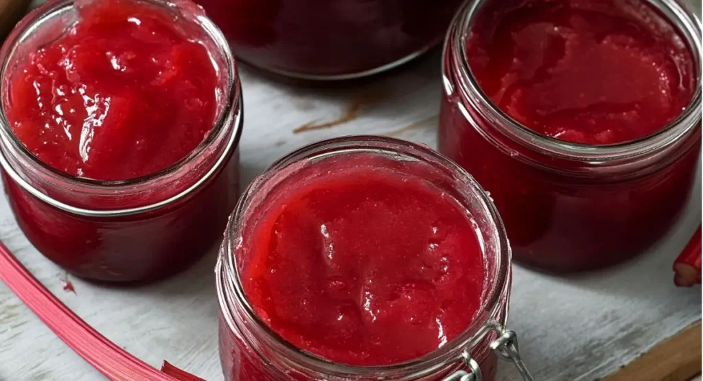 Three open glass jars of glistening pink rhubarb jam are placed on a gray stone or slate surface, with pieces of pink rhubarb stalks scattered around.