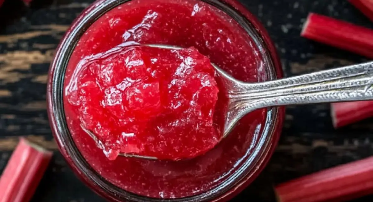 A silver spoon scoops a generous portion of bright pink rhubarb jam from an open glass jar, with pieces of raw rhubarb scattered on a dark surface.