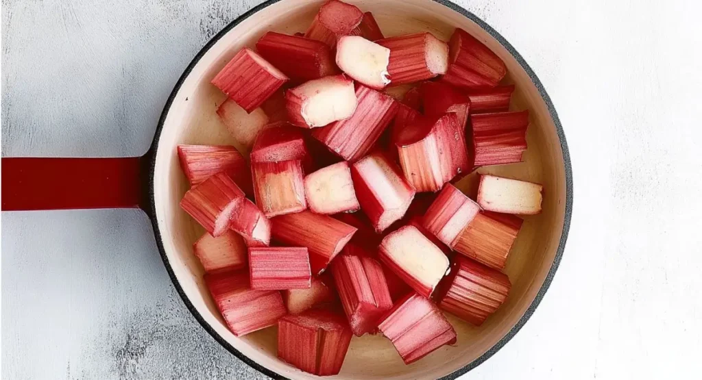 Chopped rhubarb stalks in a red pot, part of a rhubarb sauce recipe preparation.