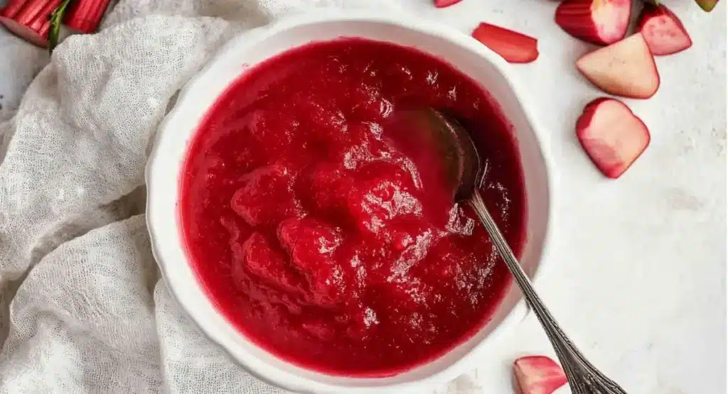 A bowl of vibrant red rhubarb sauce with a spoon, showcasing the finished rhubarb sauce recipe.