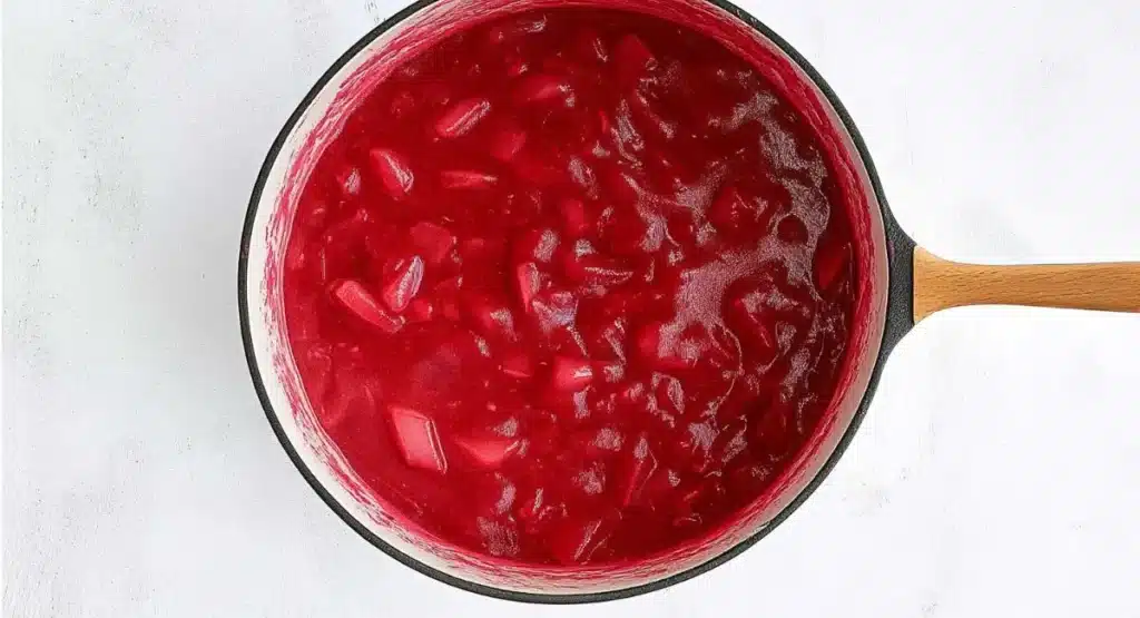 Simmering rhubarb sauce in a pot, a step in the rhubarb sauce recipe.