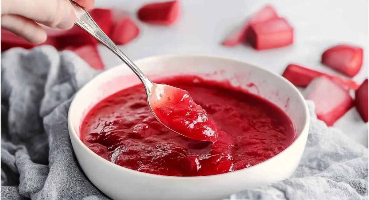 A spoonful of homemade rhubarb sauce lifted from a bowl, demonstrating the texture of the rhubarb sauce recipe.