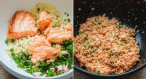 A white bowl contains flaked cooked salmon, cooked rice, chopped green herbs, peas, and diced red onion, representing the ingredients before being mixed for a salmon cake recipe and A black bowl filled with a mixture of flaked salmon, rice, herbs, and other ingredients, ready to be formed into patties for a salmon cake recipe.