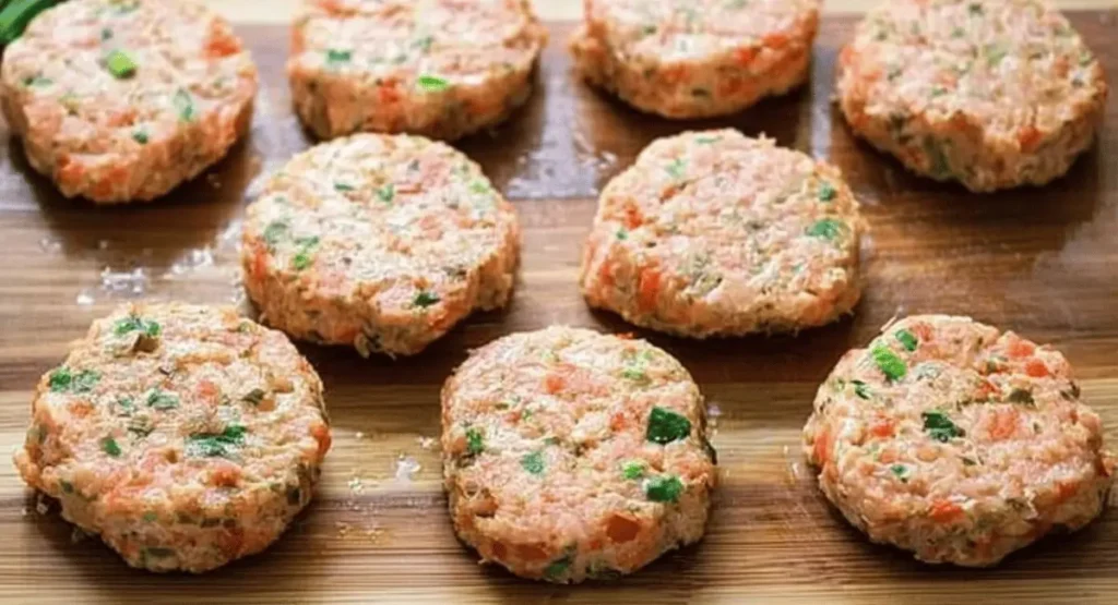  Several uncooked salmon cake patties arranged on a wooden cutting board, ready for cooking as part of a salmon cake recipe.