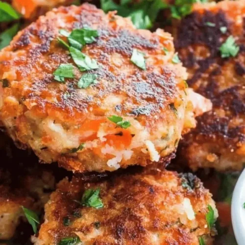A plate of golden-brown cooked salmon cakes, garnished with fresh herbs and served with a white dipping sauce, showcasing the final product of a salmon cake recipe.