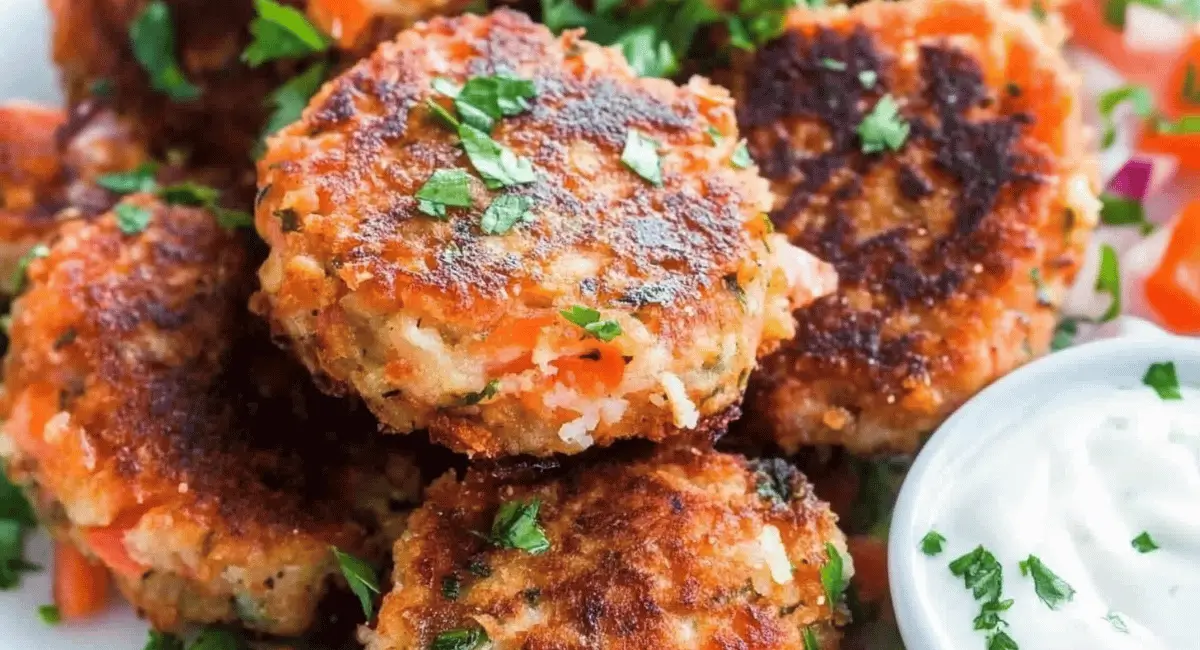 A plate of golden-brown cooked salmon cakes, garnished with fresh herbs and served with a white dipping sauce, showcasing the final product of a salmon cake recipe.