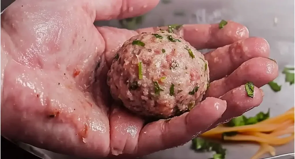 A raw, seasoned meatball is held in the palm of a hand.