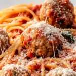 A plate of spaghetti and meatballs topped with melted cheese and sauce.