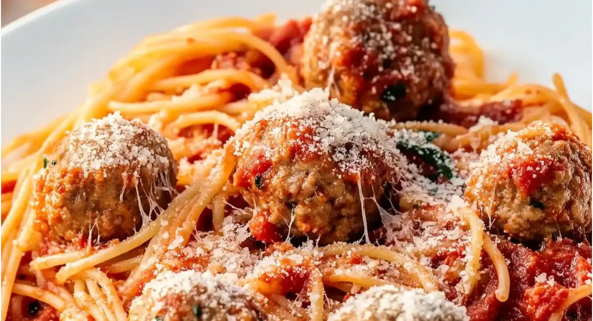 A plate of spaghetti and meatballs topped with melted cheese and sauce.