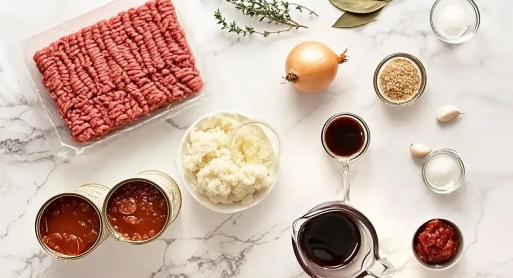 Ingredients laid out for making spaghetti bolognese.