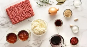 Ingredients laid out for making spaghetti bolognese.