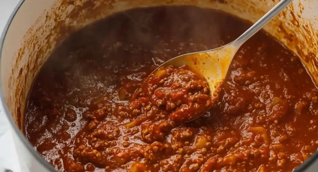 Steaming pot of rich spaghetti bolognese sauce being stirred.