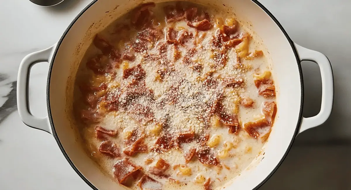 Creamy spaghetti carbonara with chunks of meat and cheese in a white pot.
