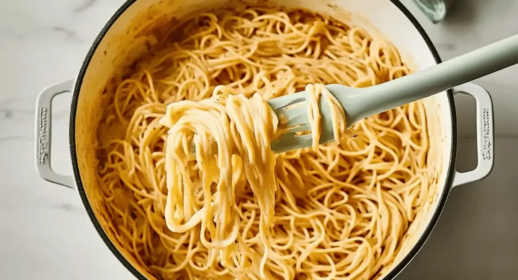 Creamy spaghetti carbonara being lifted with a serving fork from a white pot.