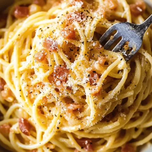A serving of spaghetti carbonara in a bowl, garnished with bacon and cheese, being eaten with a fork.
