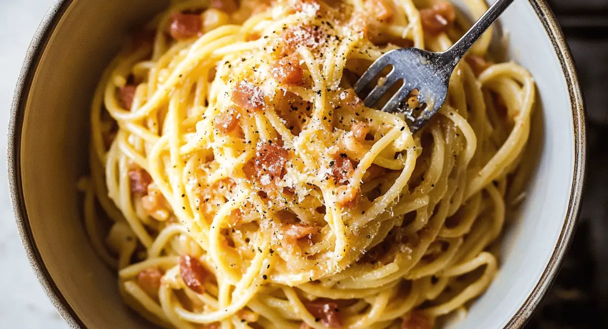 A serving of spaghetti carbonara in a bowl, garnished with bacon and cheese, being eaten with a fork.