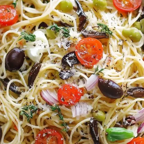 Top-down view of a Mediterranean-style spaghetti salad in a white bowl.