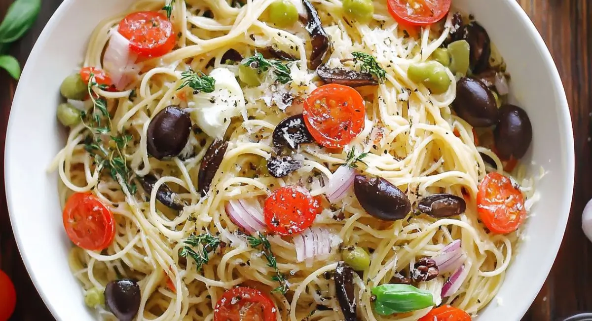 Top-down view of a Mediterranean-style spaghetti salad in a white bowl.