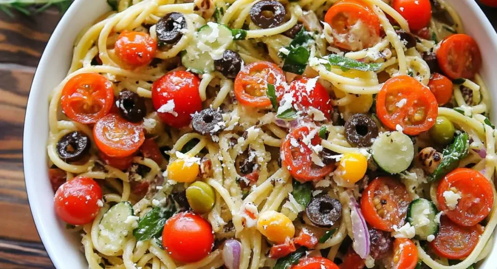 Close-up of a hearty spaghetti salad with tomatoes, olives, and feta cheese.