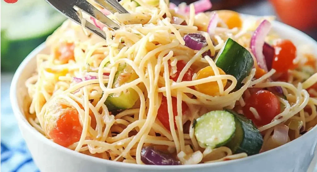 Close-up of a colorful spaghetti salad being lifted with a fork.