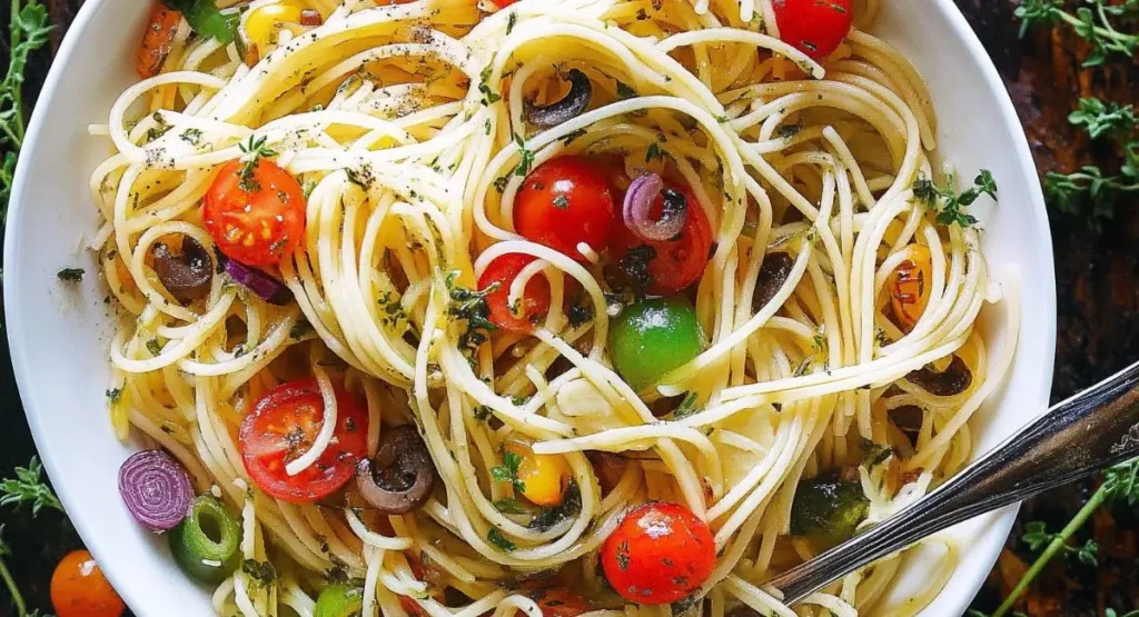 Overhead shot of a fresh spaghetti salad with tomatoes and olives in a white bowl.