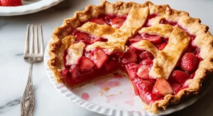 A slice has been removed from a strawberry rhubarb pie with a lattice crust, sitting next to a fork on a marble surface.