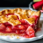 A single slice of golden-crusted strawberry rhubarb pie with a lattice top sits on a white plate.