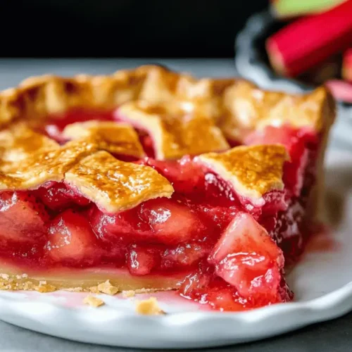 A single slice of golden-crusted strawberry rhubarb pie with a lattice top sits on a white plate.