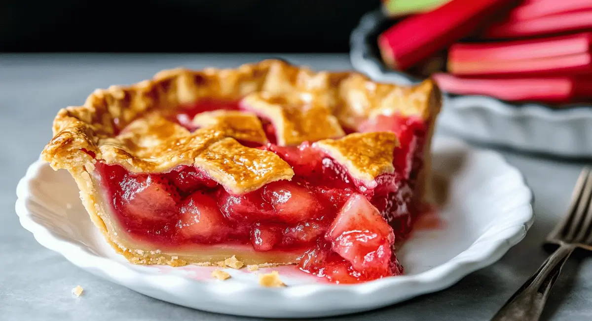 A single slice of golden-crusted strawberry rhubarb pie with a lattice top sits on a white plate.