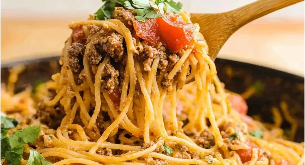 A wooden spoon lifting a portion of cheesy taco spaghetti from a skillet.
