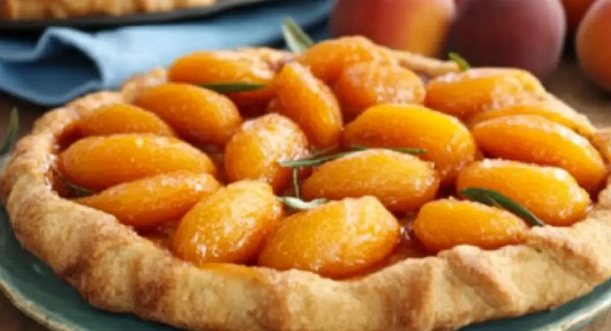 A rustic apricot tart with golden brown crust and glistening fresh apricot slices garnished with herbs, a delicious example of fresh apricot recipe desserts.