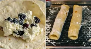 A two-part image showing the filling of Air Fryer Blueberry Chimichangas on the left and two rolled chimichangas on a baking sheet on the right.