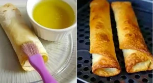 A two-part image showing a rolled Air Fryer Blueberry Chimichanga being brushed with oil on the left and two golden brown cooked chimichangas in an air fryer basket on the right.