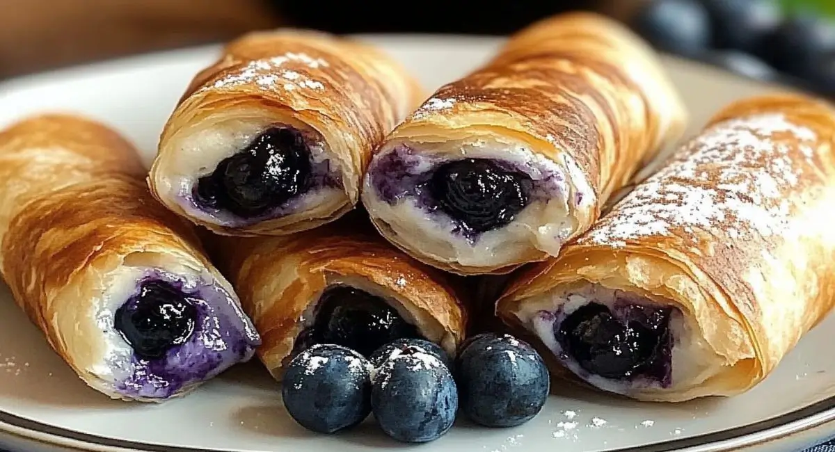 Close-up of several golden brown Air Fryer Blueberry Chimichangas on a white plate, dusted with powdered sugar, with fresh blueberries scattered at the base.