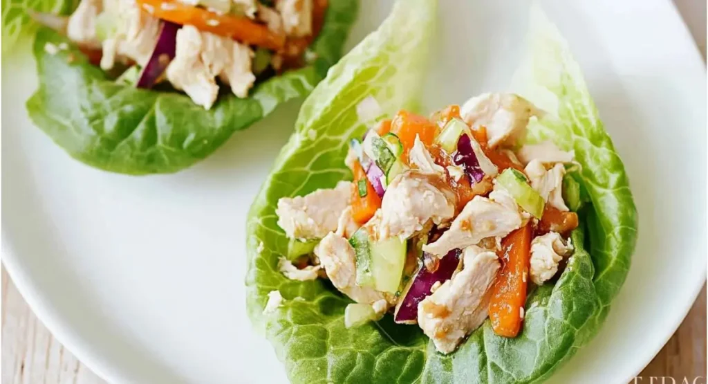 Two Asian Chicken Salad Lettuce Wraps on a white plate, one in focus showcasing shredded chicken, julienned carrots, diced red and green vegetables, and the other slightly blurred in the background.