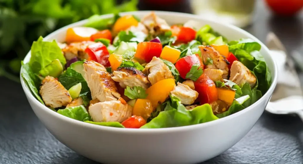 A white bowl filled with a vibrant Asian Chicken Salad, featuring grilled chicken pieces, mixed greens, diced red and yellow bell peppers, and cherry tomatoes, on a dark textured surface.