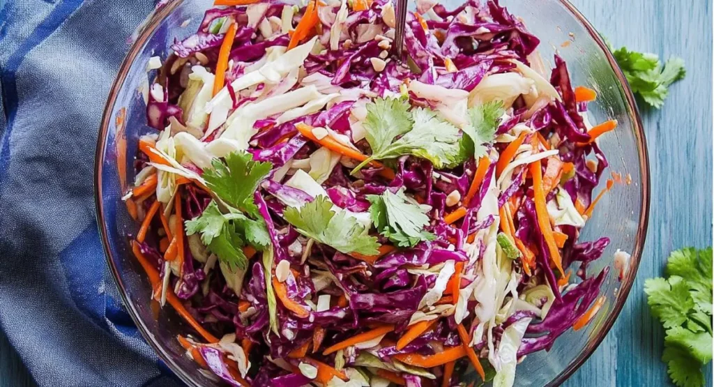 A clear glass bowl of Asian Slaw with Sesame Dressing with a serving spoon.