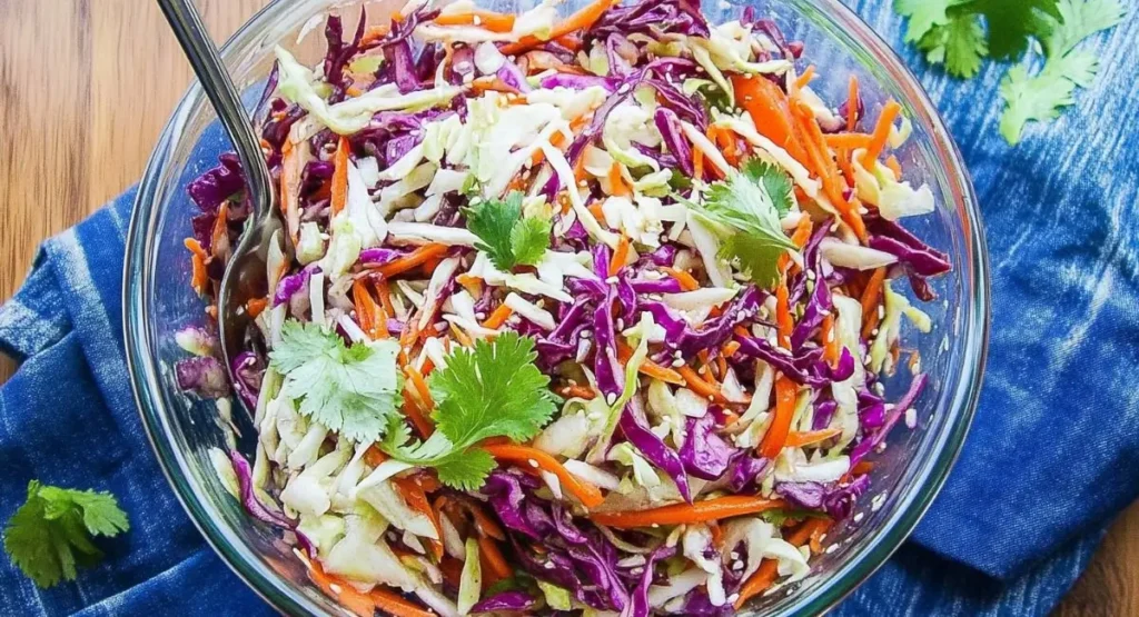 A clear glass bowl brimming with fresh Asian Slaw with Sesame Dressing and a serving fork.