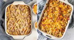 An overhead view of the uncooked components of a Bacon Cheeseburger Casserole arranged in a gray skillet: cooked spiral pasta, a creamy sauce, seasoned ground beef, and crispy bacon pieces.