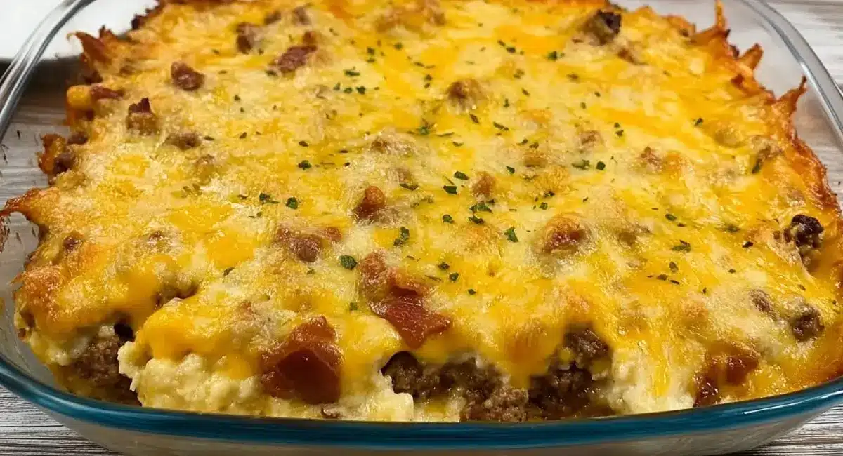 A close-up of a partially eaten Bacon Cheeseburger Casserole in a clear glass baking dish, showing layers of creamy sauce, ground beef, bacon pieces, and melted cheddar cheese topped with fresh parsley.